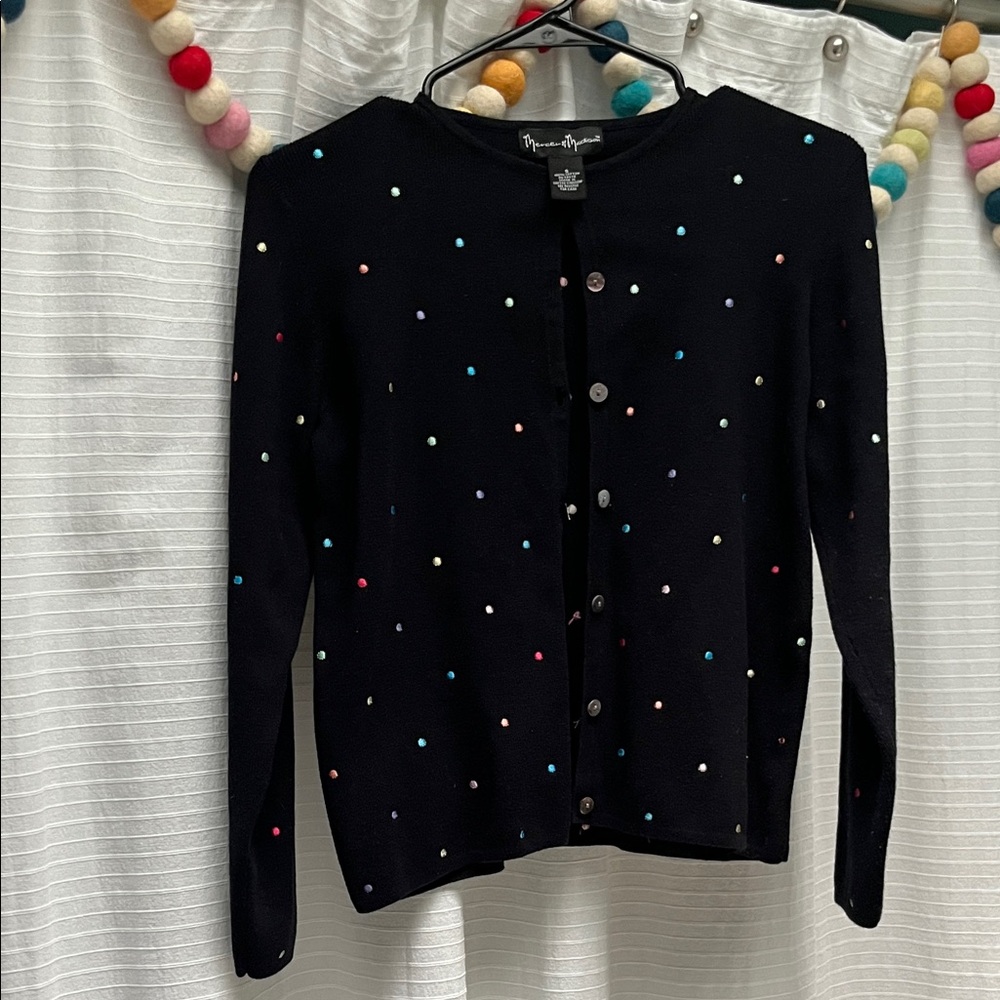 mercer & madison Black Cardigan with Multicolor Dot Accents